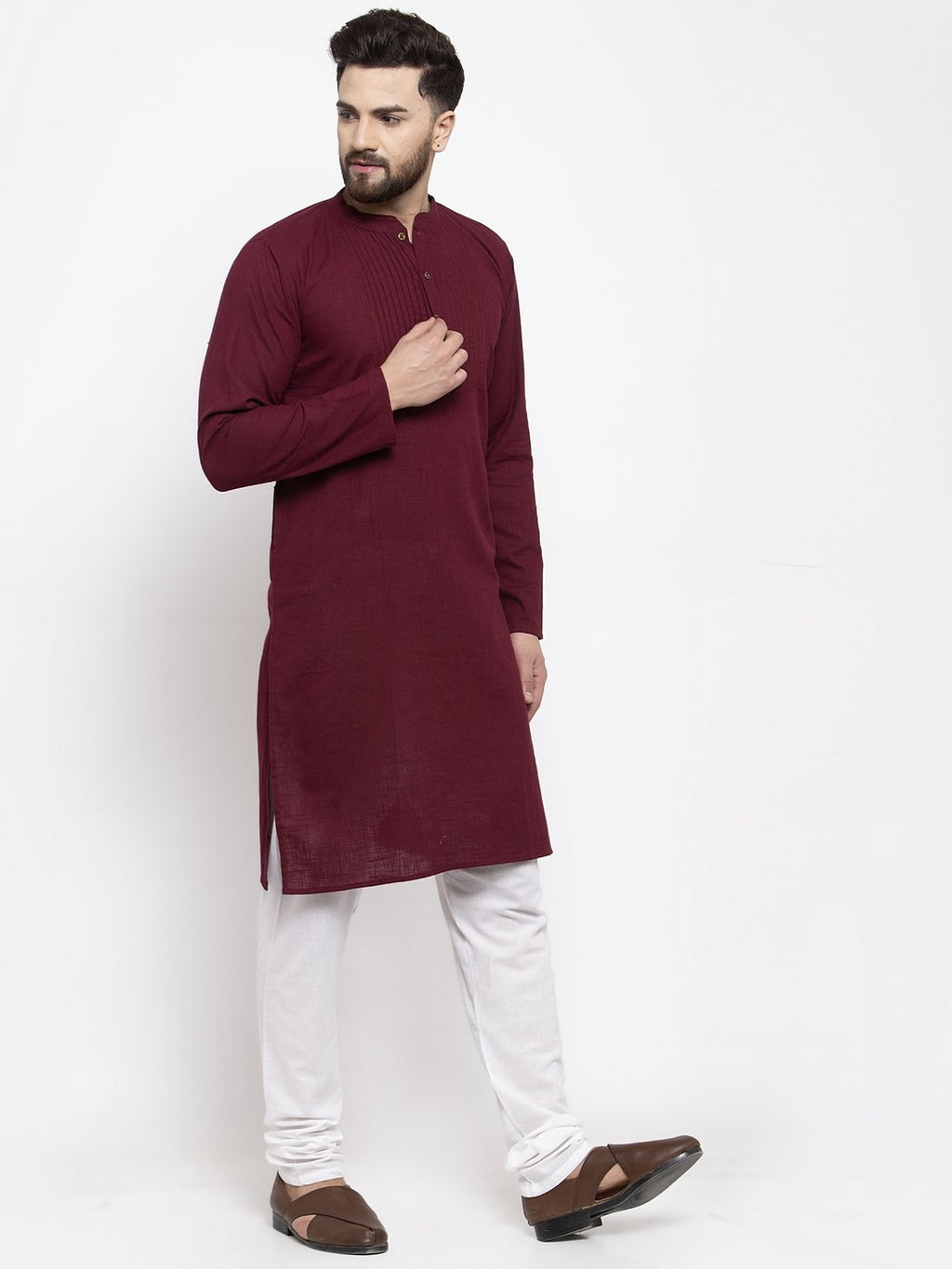 Jompers Men Purple & White Solid Pin-tucks Kurta with Churidar | Grocsy