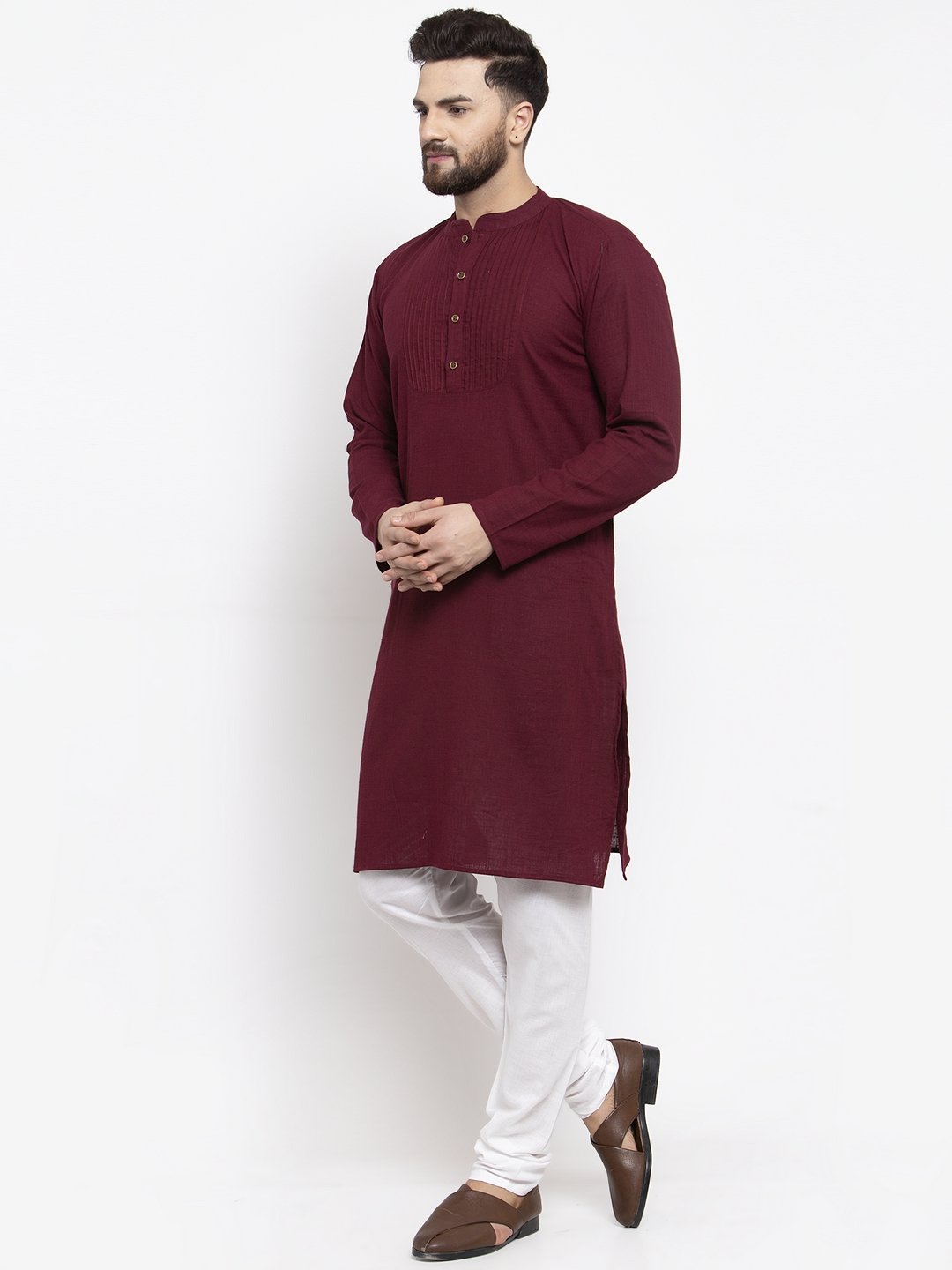 Jompers Men Purple & White Solid Pin-tucks Kurta with Churidar | Grocsy