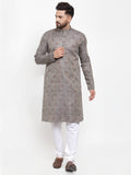 Jompers Men Grey & White Woven Design Kurta with Churidar | Grocsy