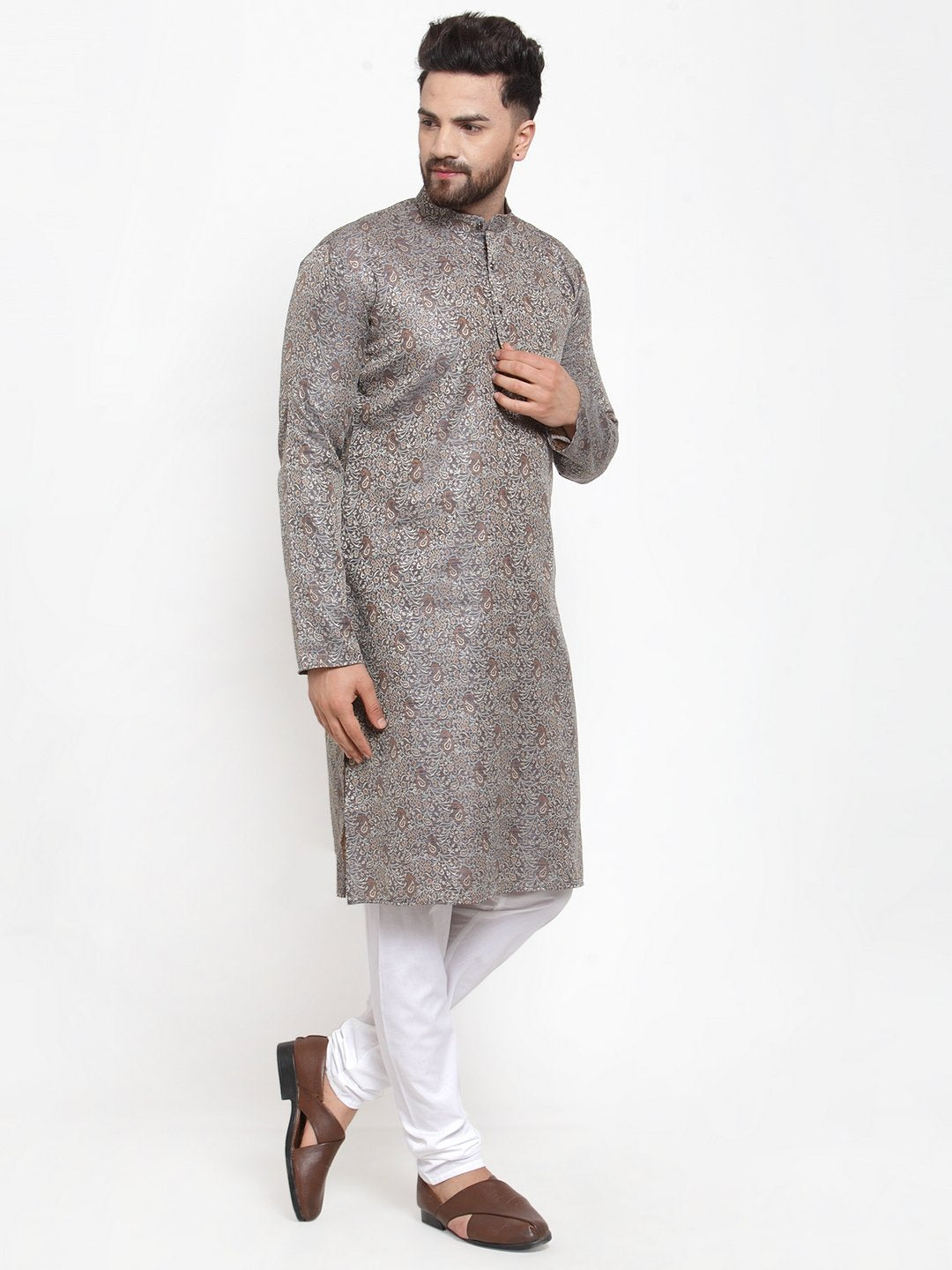 Jompers Men Grey & White Woven Design Kurta with Churidar | Grocsy