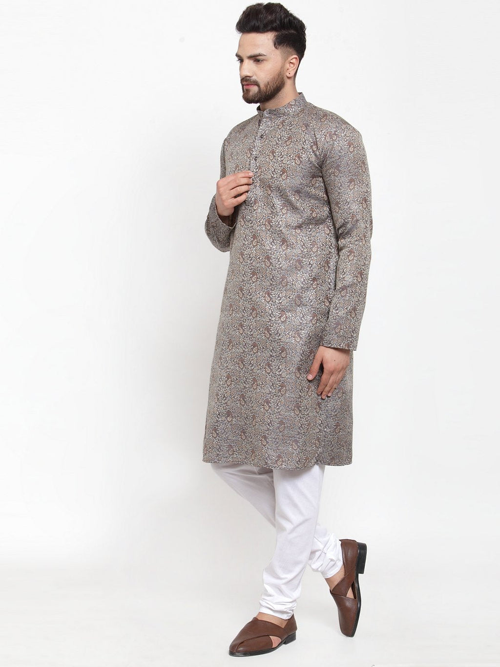 Jompers Men Grey & White Woven Design Kurta with Churidar | Grocsy