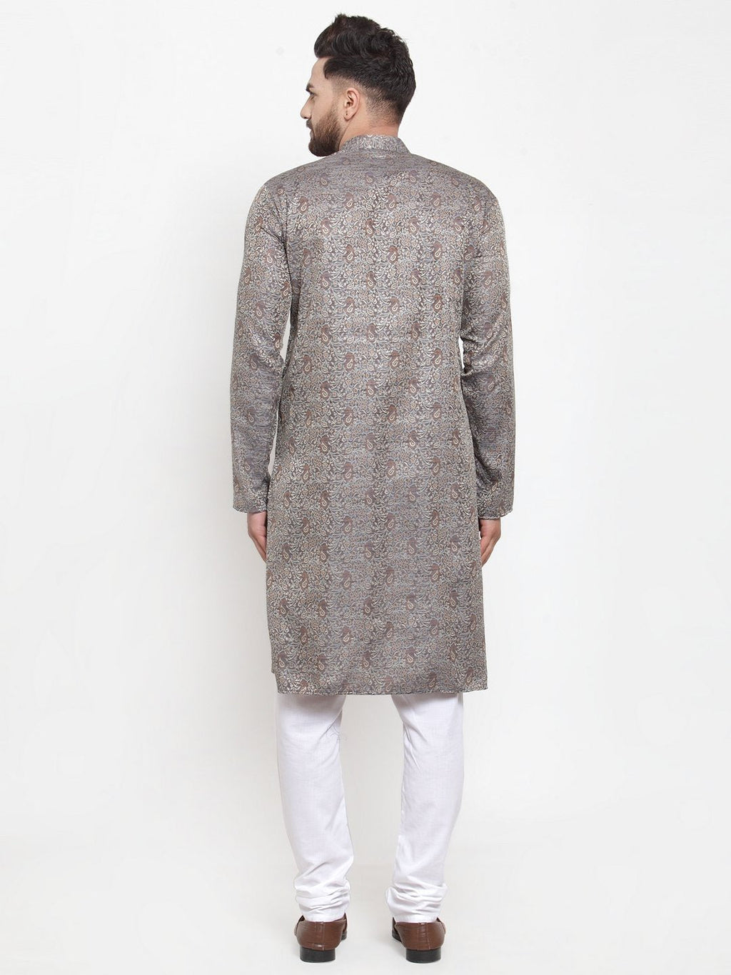 Jompers Men Grey & White Woven Design Kurta with Churidar | Grocsy