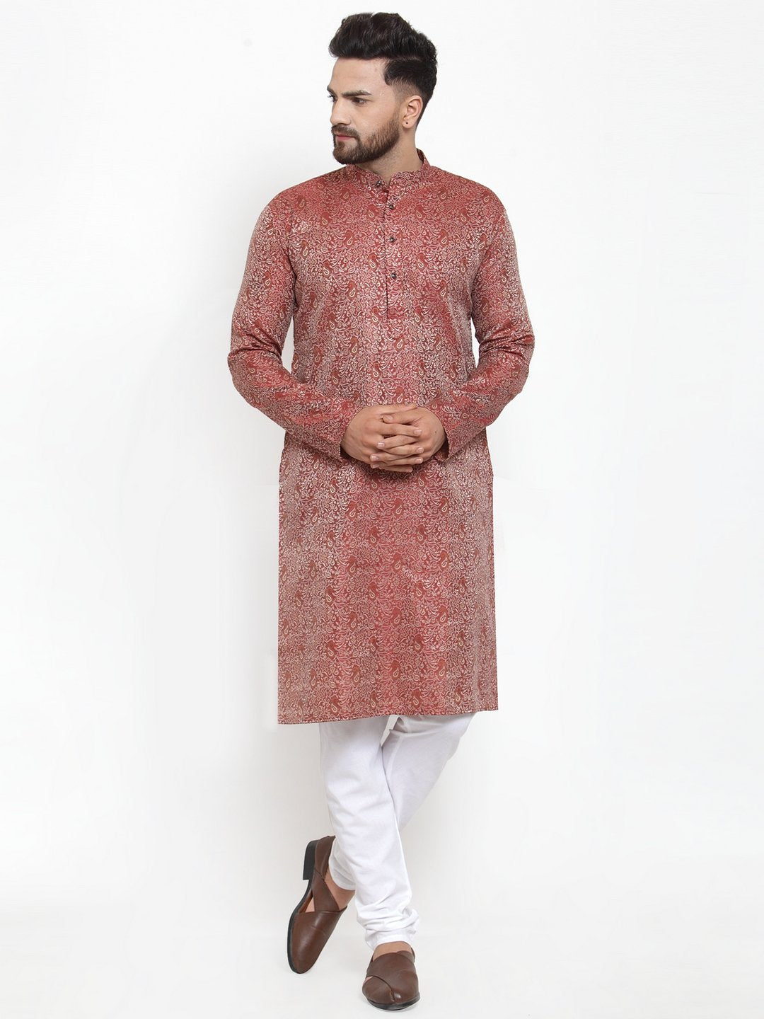 Jompers Men Maroon & White Woven Design Kurta with Churidar | Grocsy
