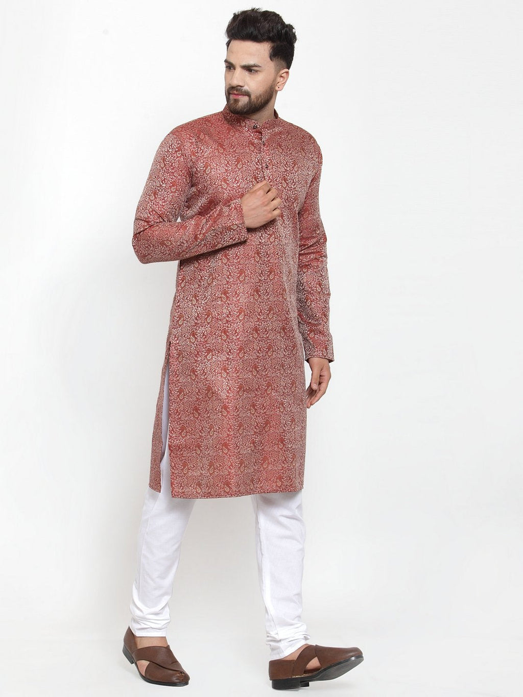 Jompers Men Maroon & White Woven Design Kurta with Churidar | Grocsy
