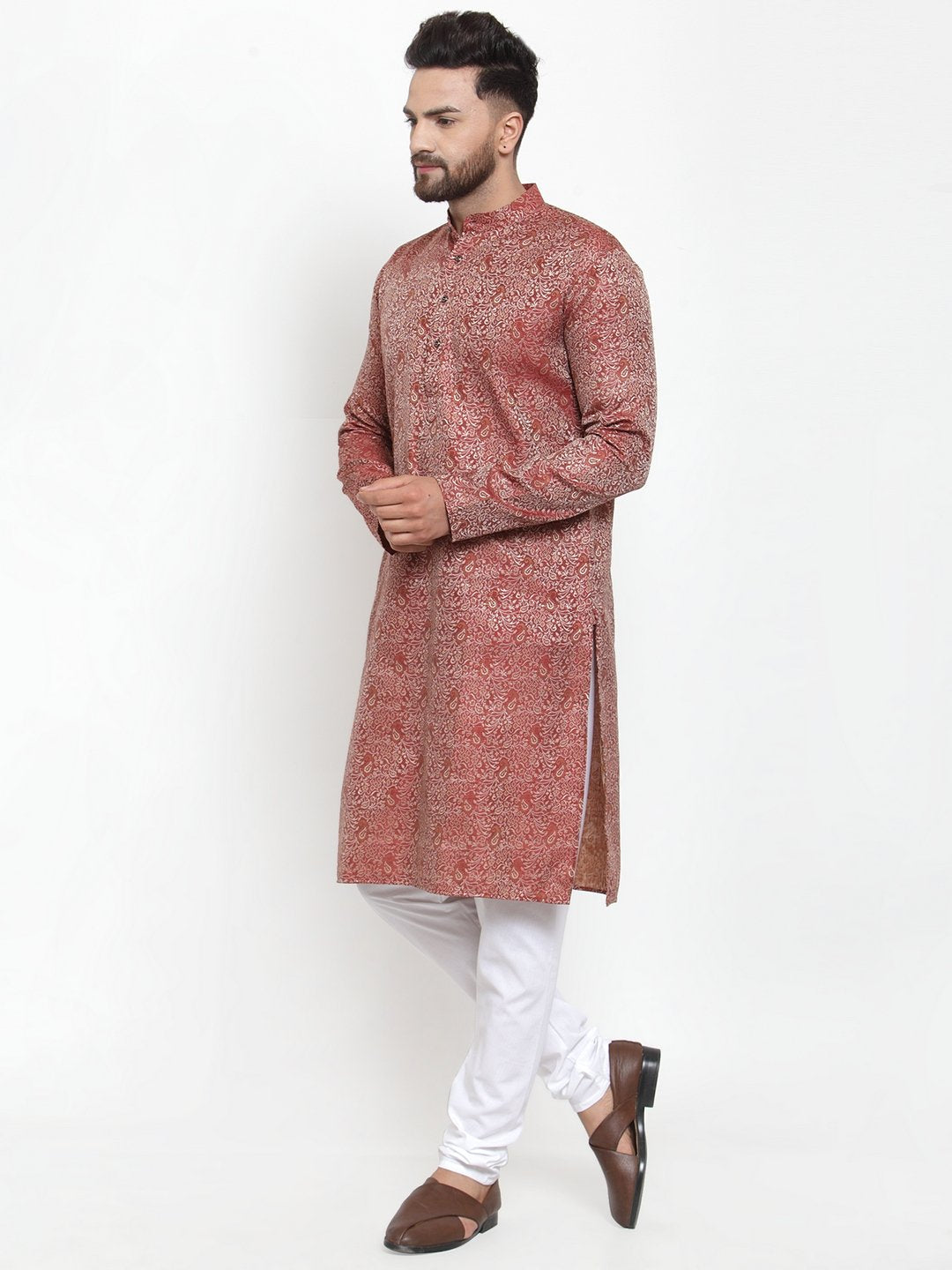 Jompers Men Maroon & White Woven Design Kurta with Churidar | Grocsy