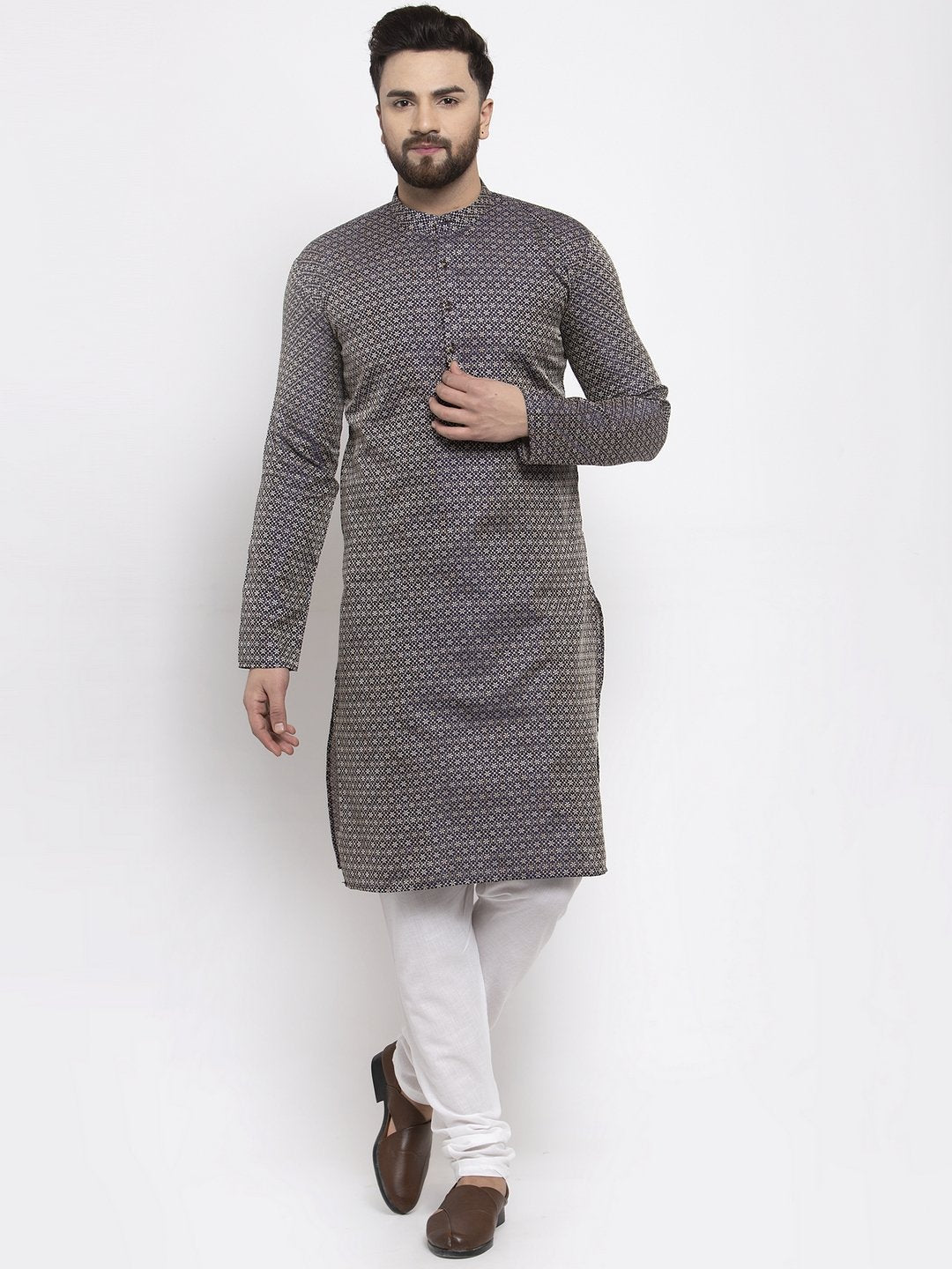 Jompers Men Navy-Blue & White Woven Design Kurta Only | Grocsy