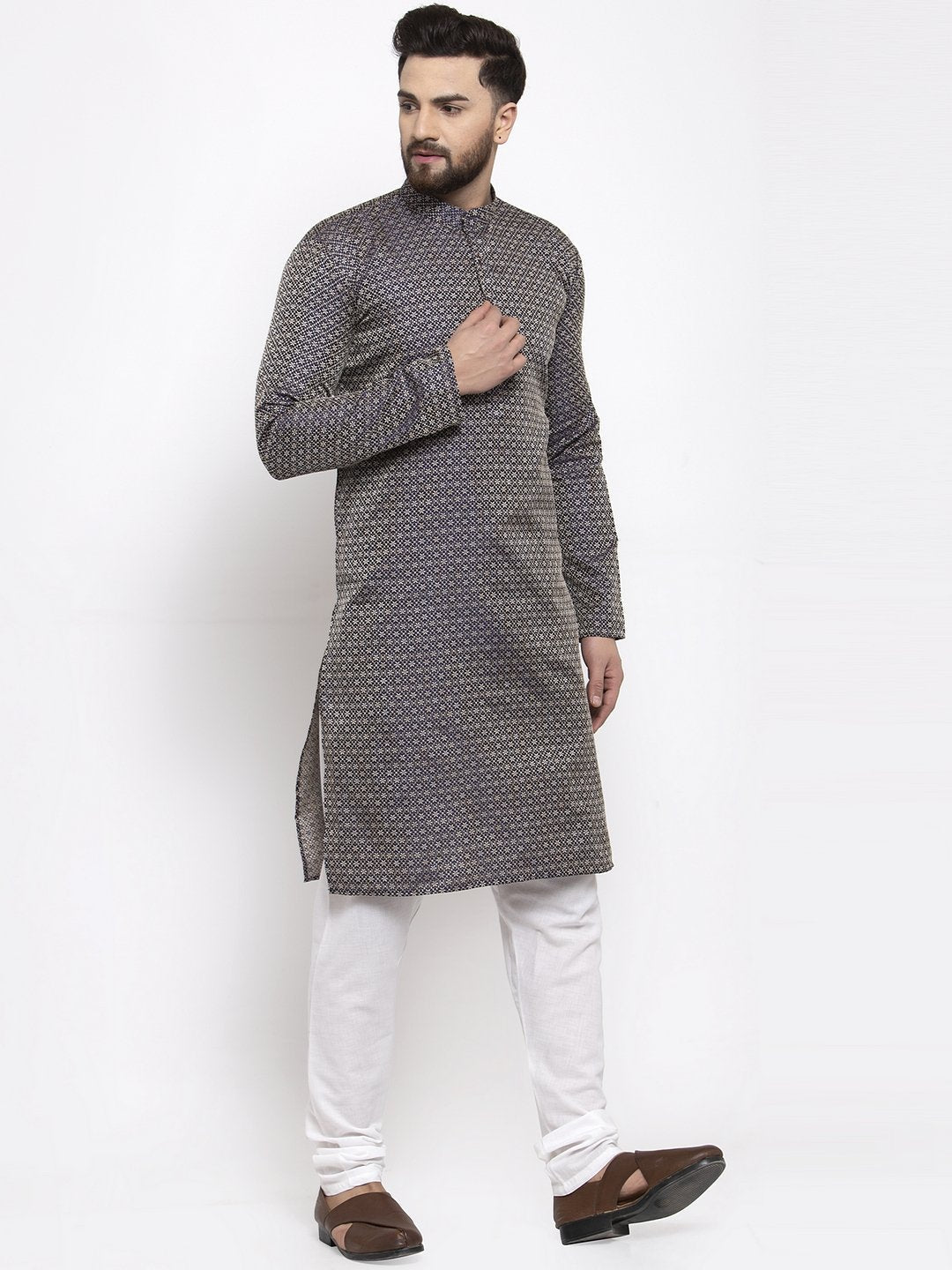 Jompers Men Navy-Blue & White Woven Design Kurta with Churidar | Grocsy