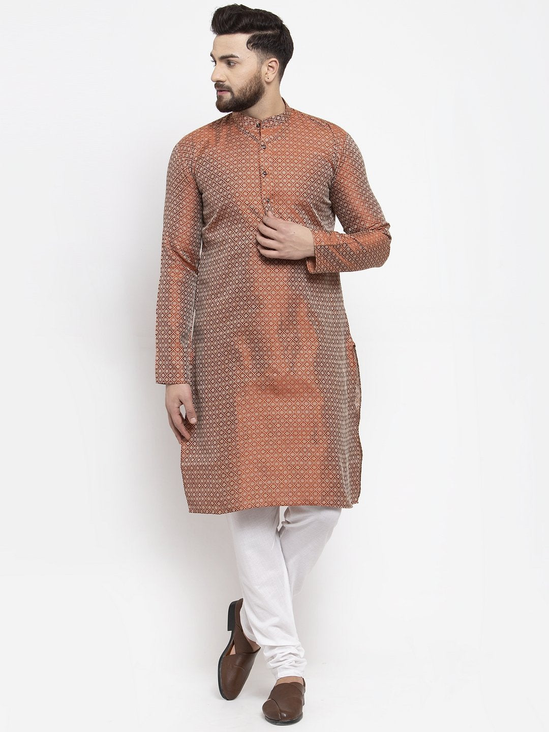 Jompers Men Orange & White Woven Design Kurta with Churidar | Grocsy