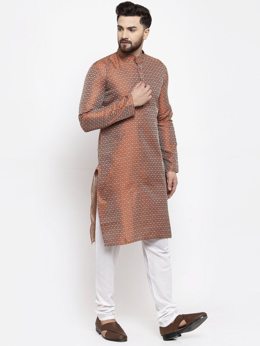 Jompers Men Orange & White Woven Design Kurta with Churidar | Grocsy