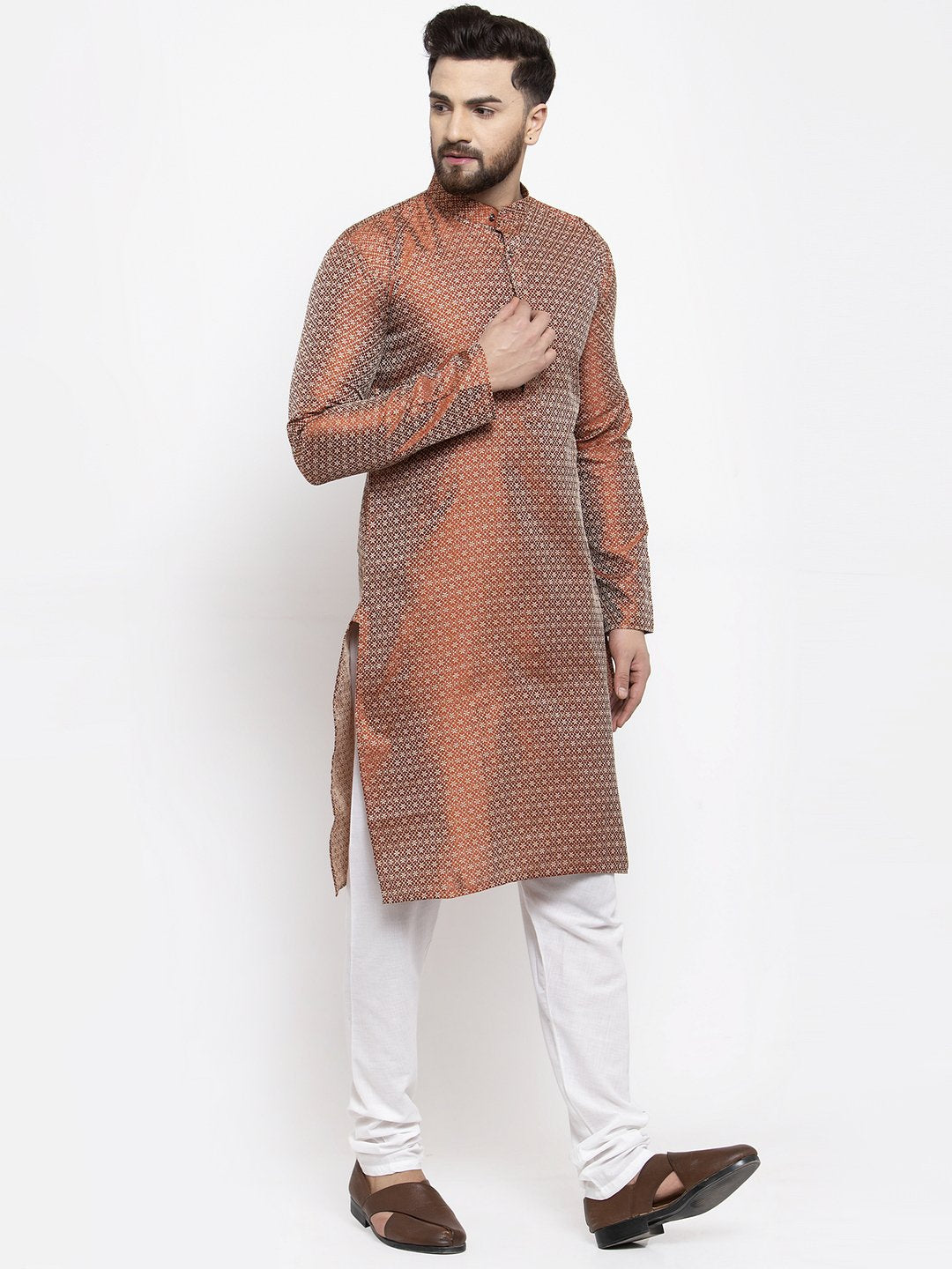Jompers Men Orange & White Woven Design Kurta with Churidar | Grocsy