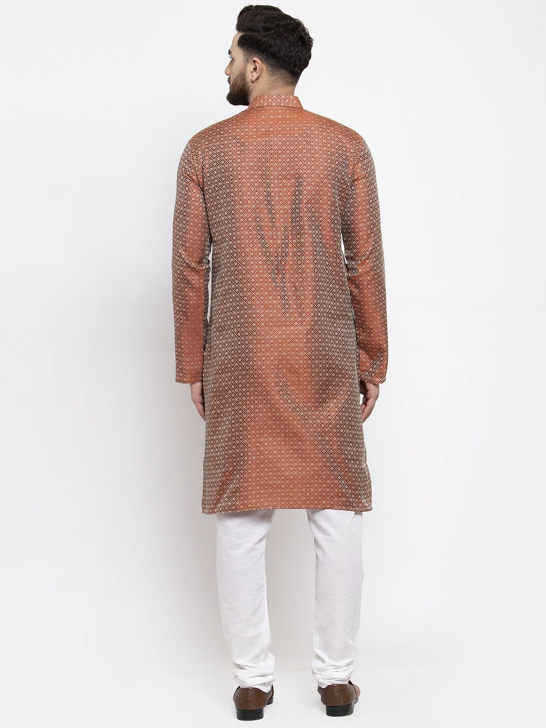 Jompers Men Orange & White Woven Design Kurta with Churidar | Grocsy