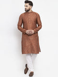 Jompers Men Brown & Grey Jacquard Kurta with Churidar | Grocsy