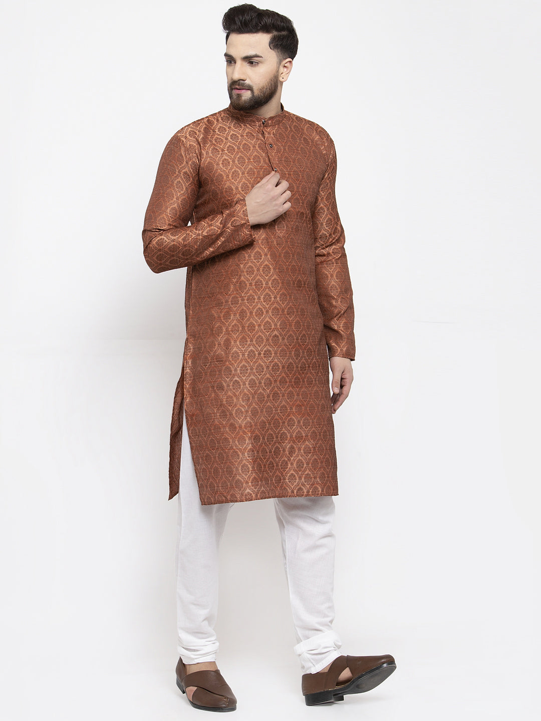Jompers Men Brown & Grey Jacquard Kurta with Churidar | Grocsy