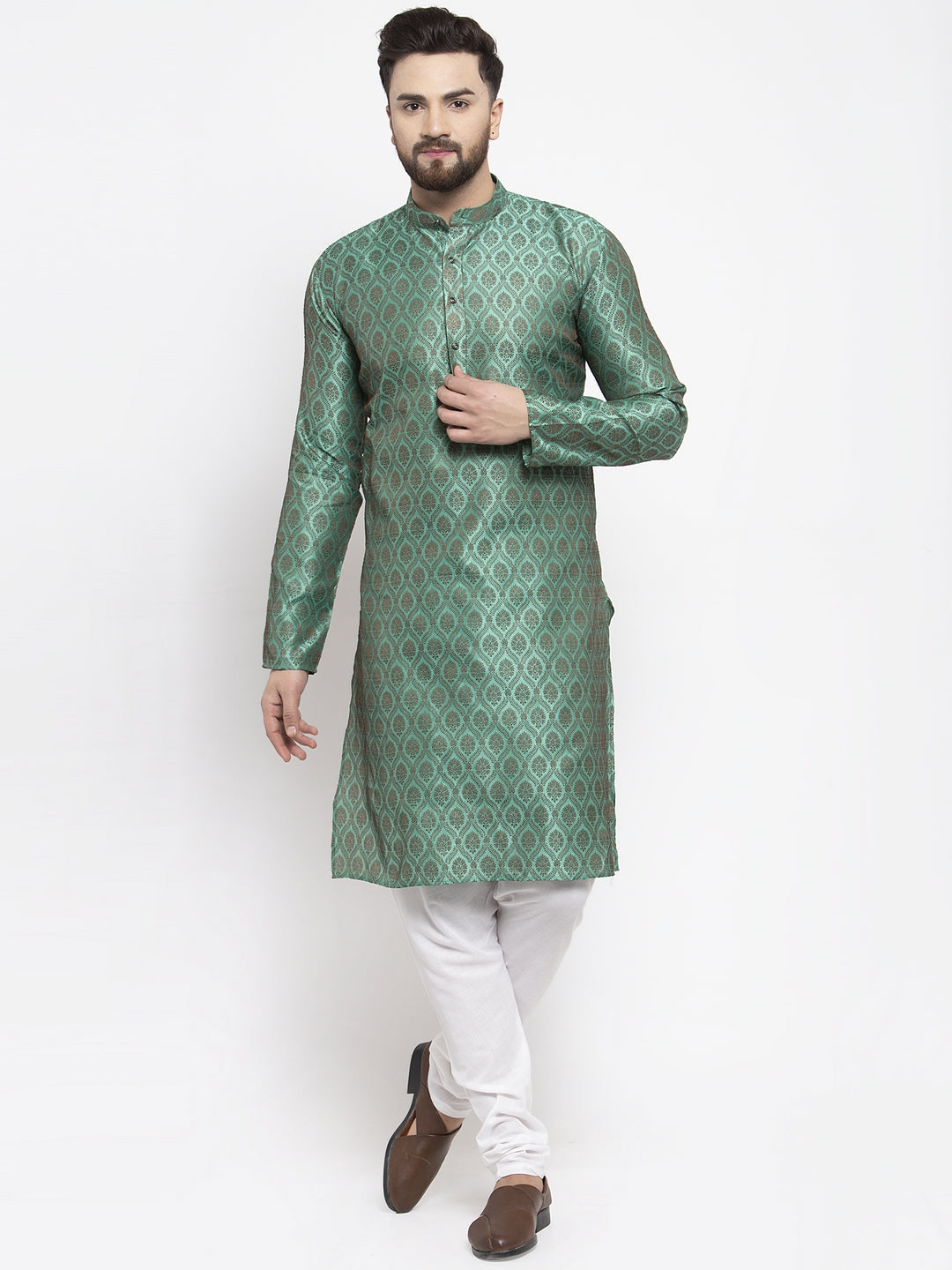 Jompers Men Green & Grey Jacquard Kurta with Churidar | Grocsy