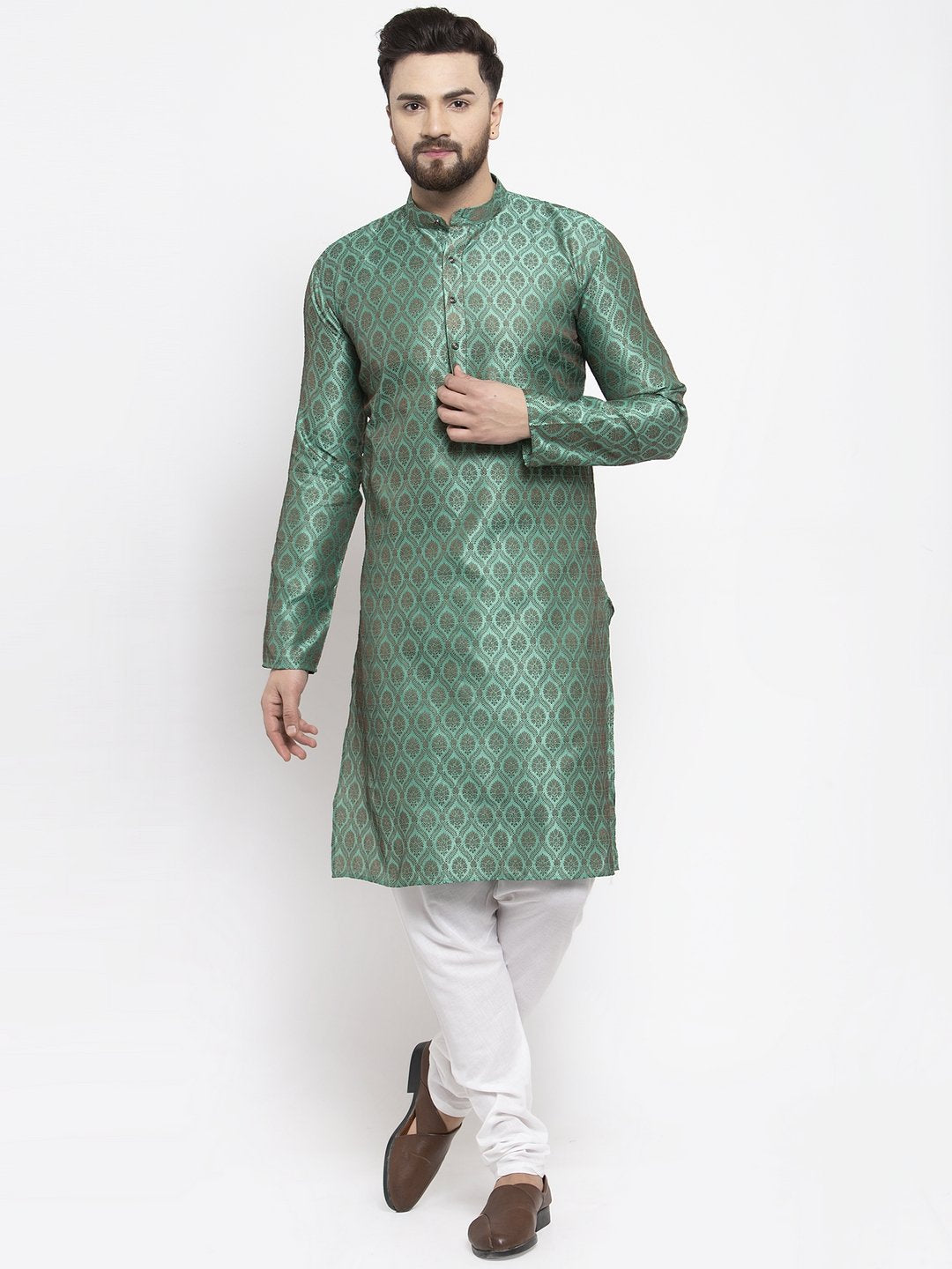 Jompers Men Green & Grey Jacquard Kurta Only | Grocsy