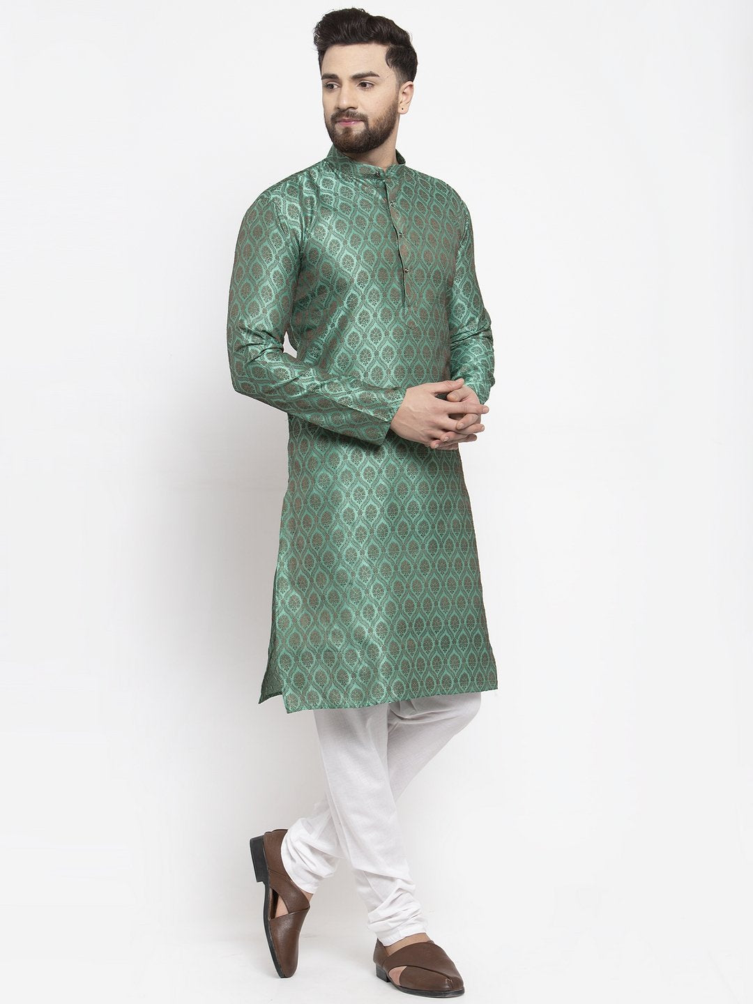 Jompers Men Green & Grey Jacquard Kurta Only | Grocsy