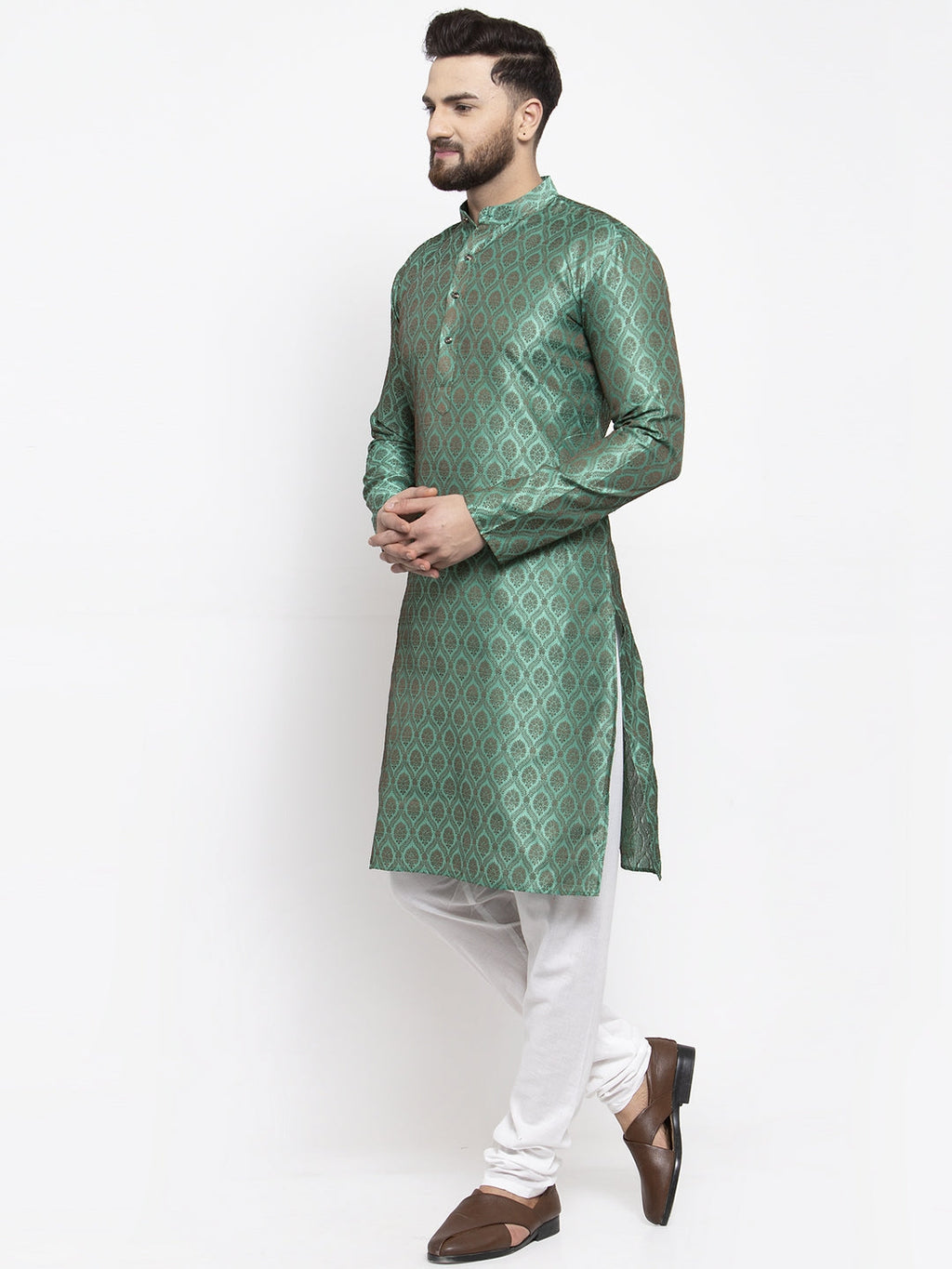 Jompers Men Green & Grey Jacquard Kurta with Churidar | Grocsy