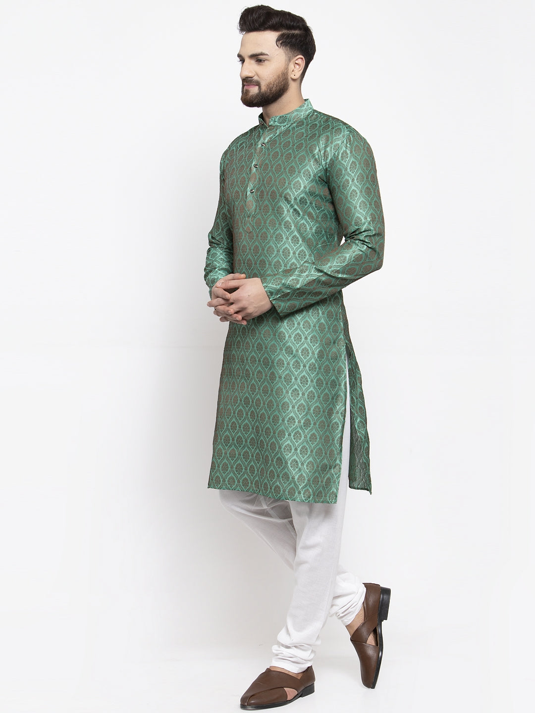 Jompers Men Green & Grey Jacquard Kurta with Churidar | Grocsy
