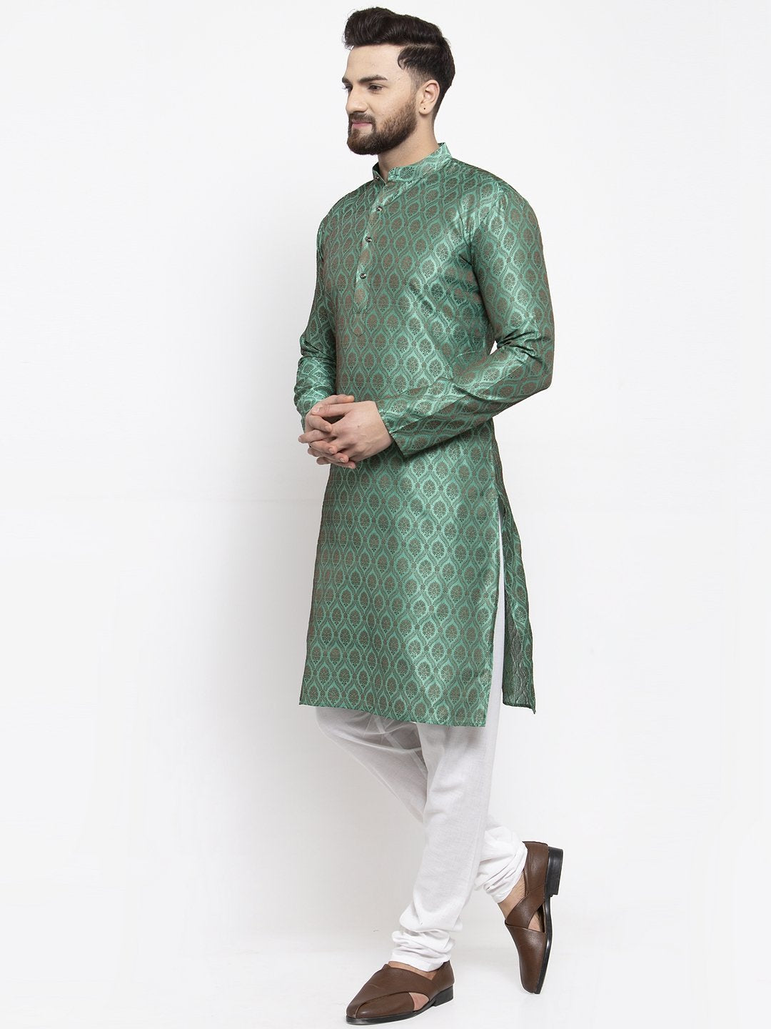 Jompers Men Green & Grey Jacquard Kurta Only | Grocsy