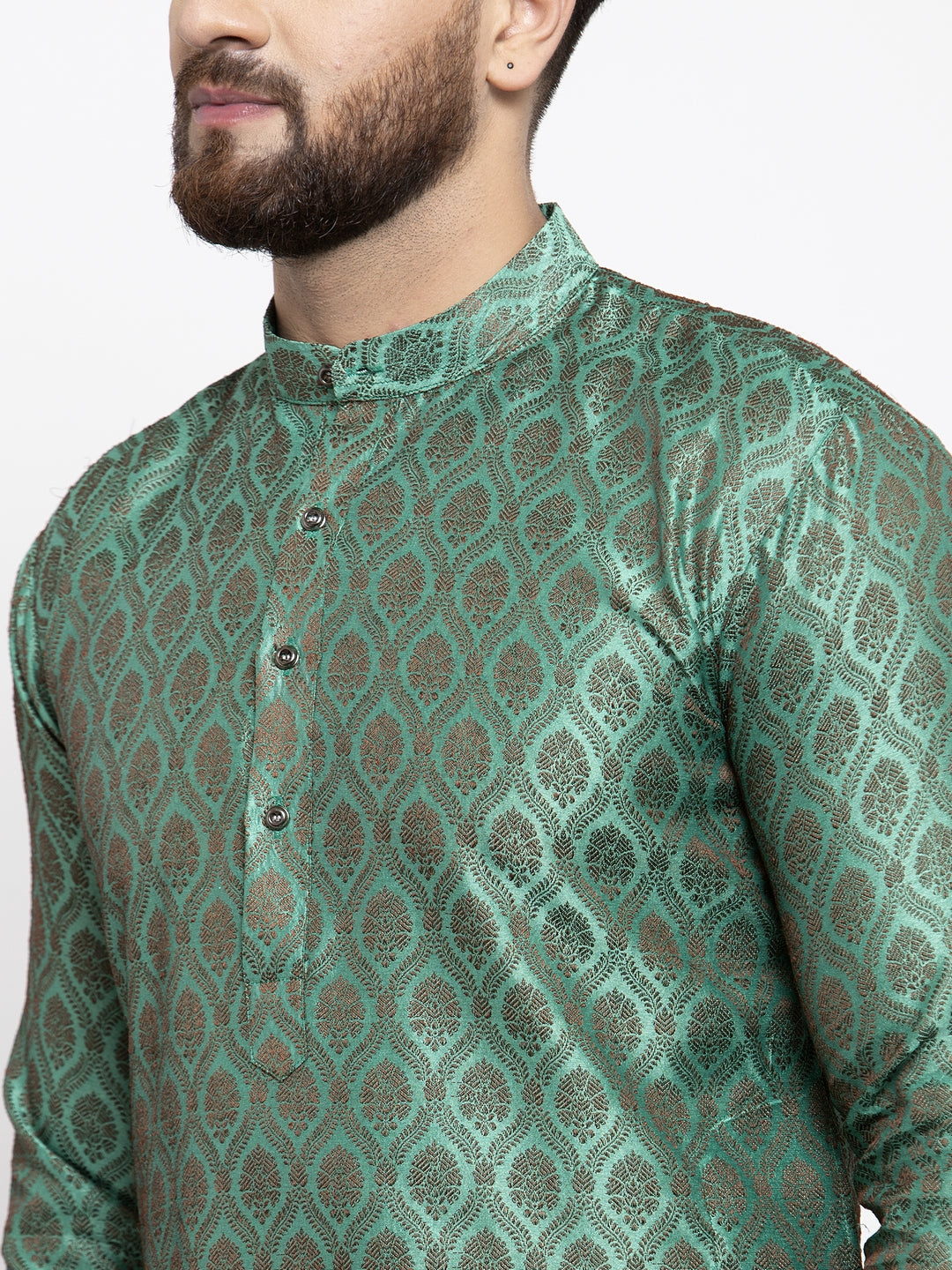 Jompers Men Green & Grey Jacquard Kurta with Churidar | Grocsy