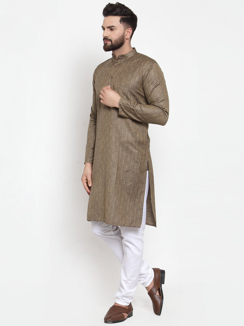 Jompers Men Bronze & White Self Design Kurta with Churidar | Grocsy