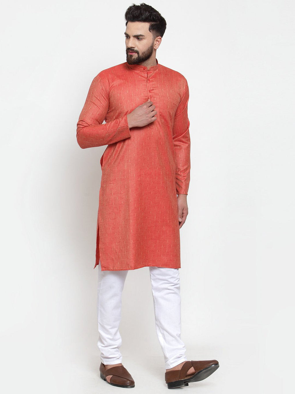Jompers Men Orange & White Self Design Kurta with Churidar (JOKP 601 Orange) | Grocsy
