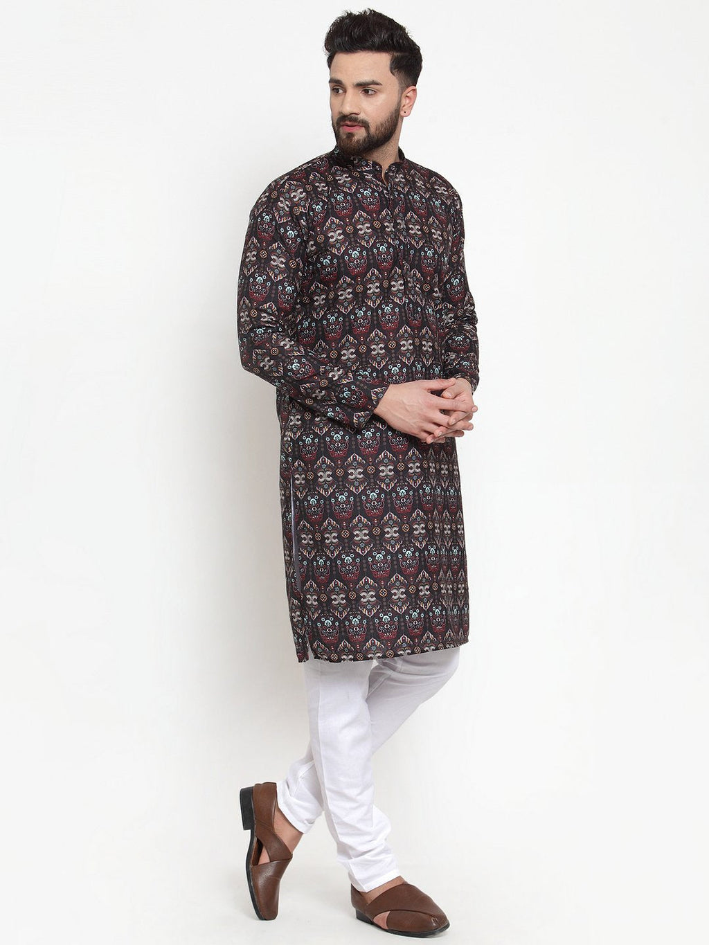 Jompers Men Black & Beige Digital Printed Kurta with Churidar | Grocsy