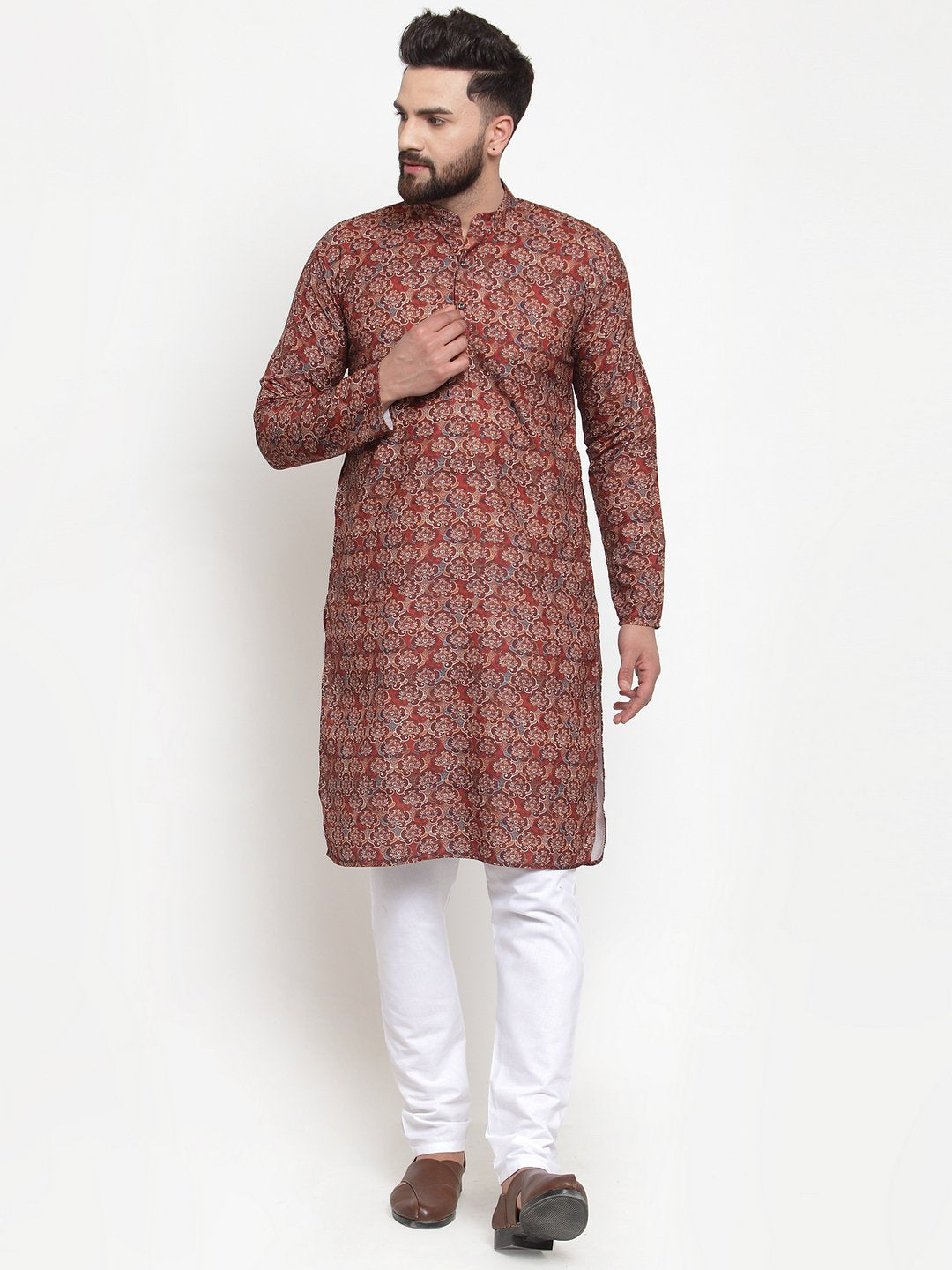 Jompers Men Maroon & Beige Digital Printed Kurta Only | Grocsy