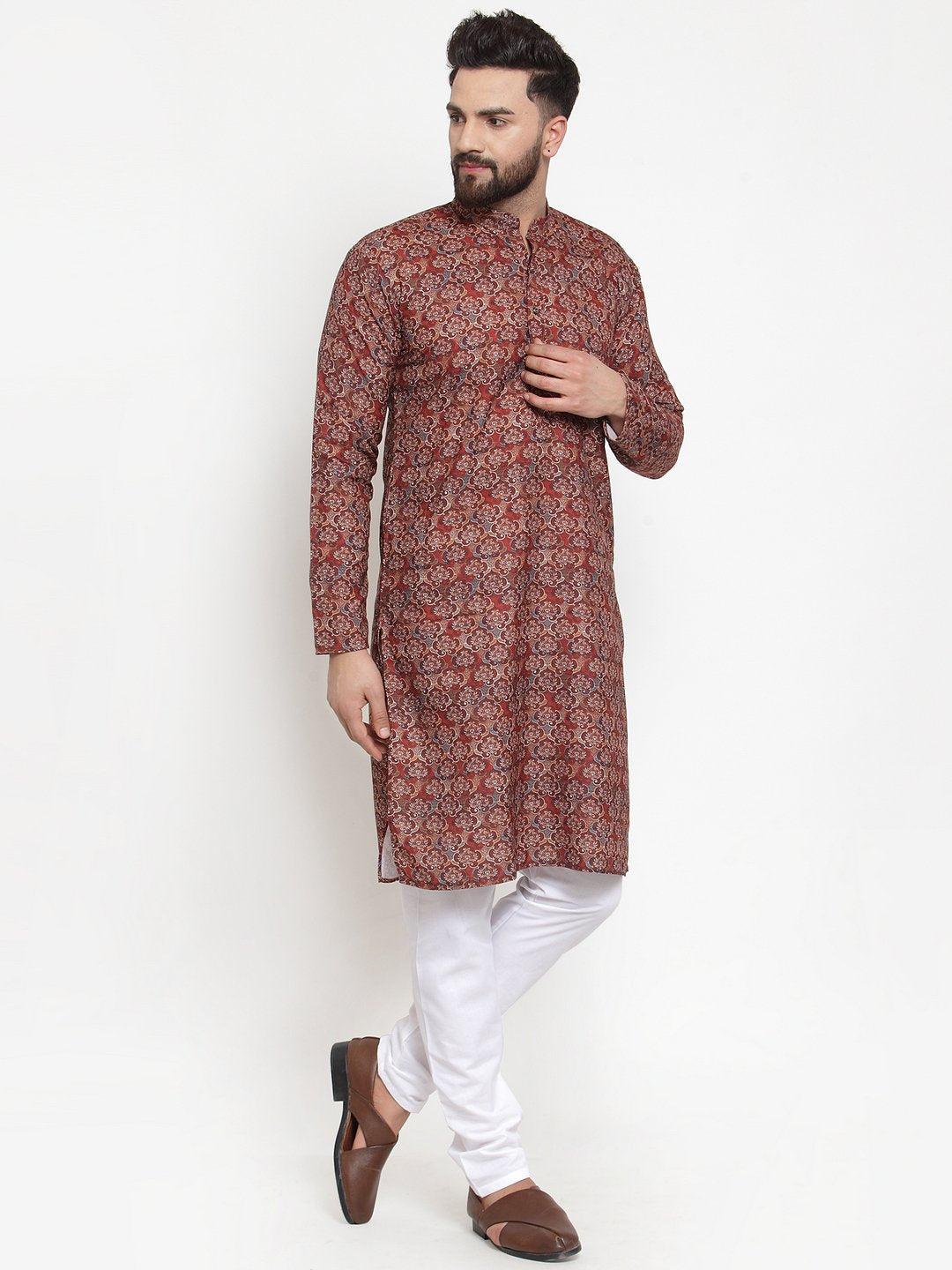 Jompers Men Maroon & Beige Digital Printed Kurta Only | Grocsy