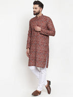 Jompers Men Maroon & Beige Digital Printed Kurta Only | Grocsy