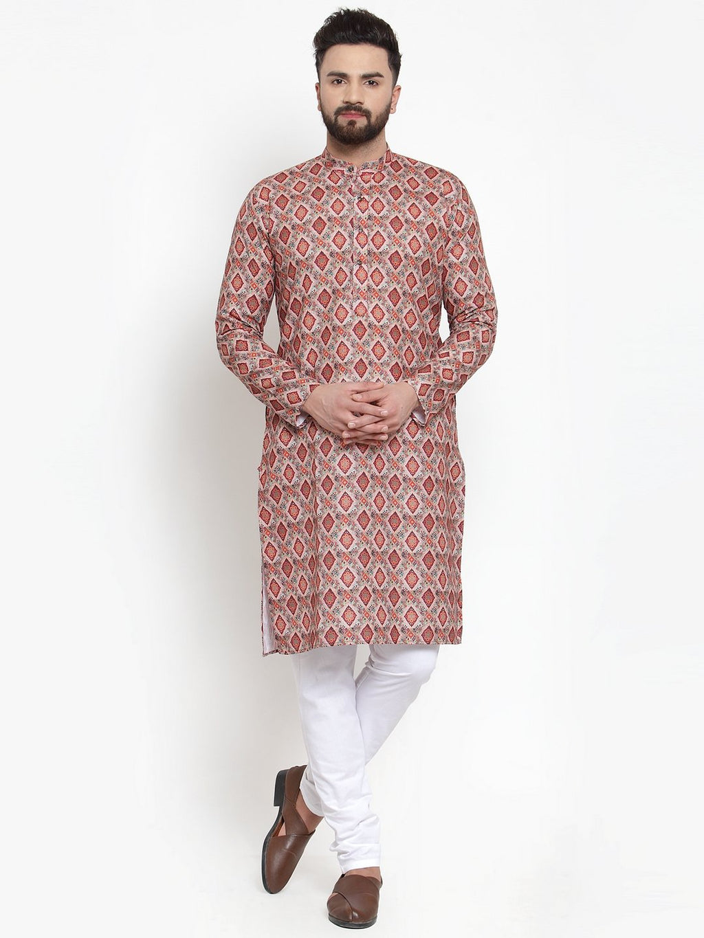 Jompers Men Peach & Beige Digital Printed Kurta with Churidar | Grocsy
