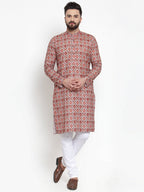 Jompers Men Peach & Beige Digital Printed Kurta with Churidar | Grocsy