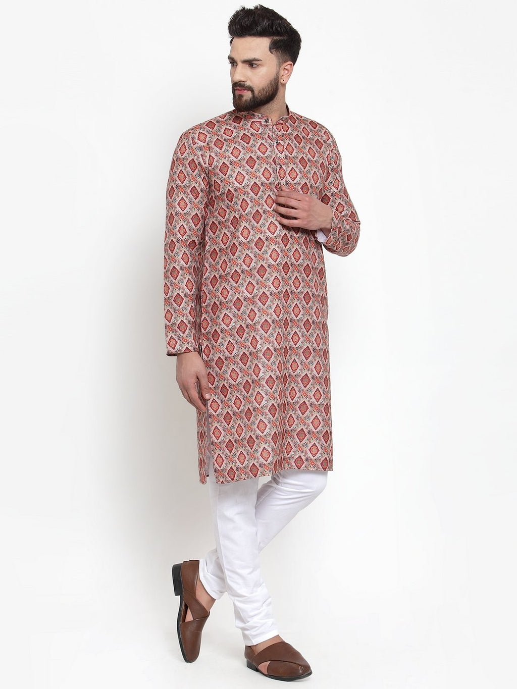 Jompers Men Peach & Beige Digital Printed Kurta with Churidar | Grocsy