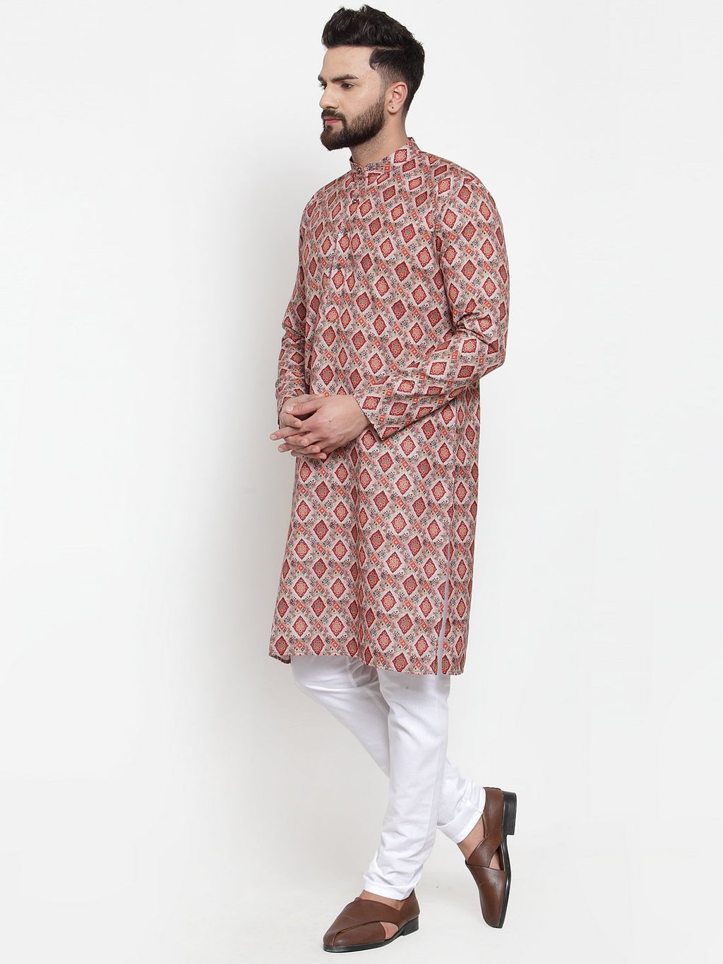 Jompers Men Peach & Beige Digital Printed Kurta with Churidar | Grocsy