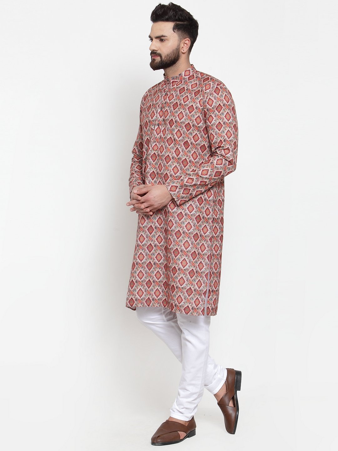 Jompers Men Peach & Beige Digital Printed Kurta with Churidar | Grocsy