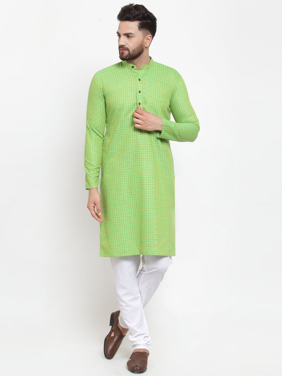 Jompers Men Green Checked Self Design Kurta with White Churidar | Grocsy