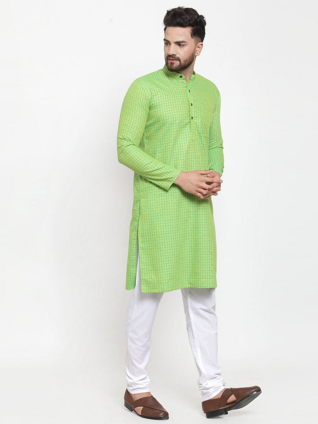 Jompers Men Green Checked Self Design Kurta with White Churidar | Grocsy