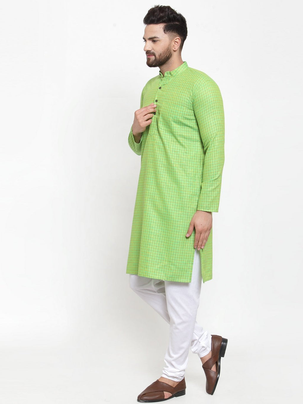 Jompers Men Green Checked Self Design Kurta with White Churidar | Grocsy