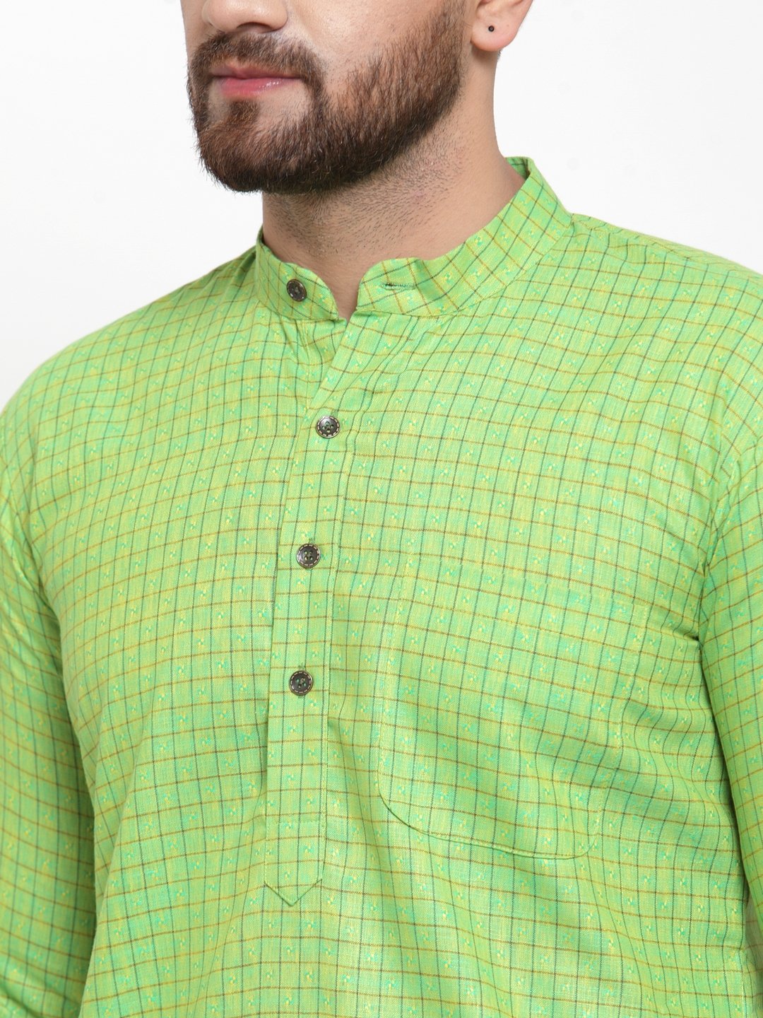 Jompers Men Green Checked Self Design Kurta with White Churidar | Grocsy