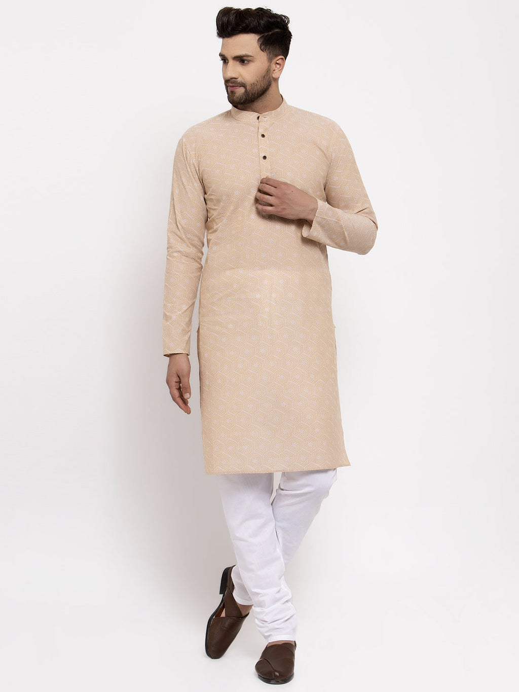 Jompers Men's Beige Cotton Printed Kurta Payjama Set | Grocsy