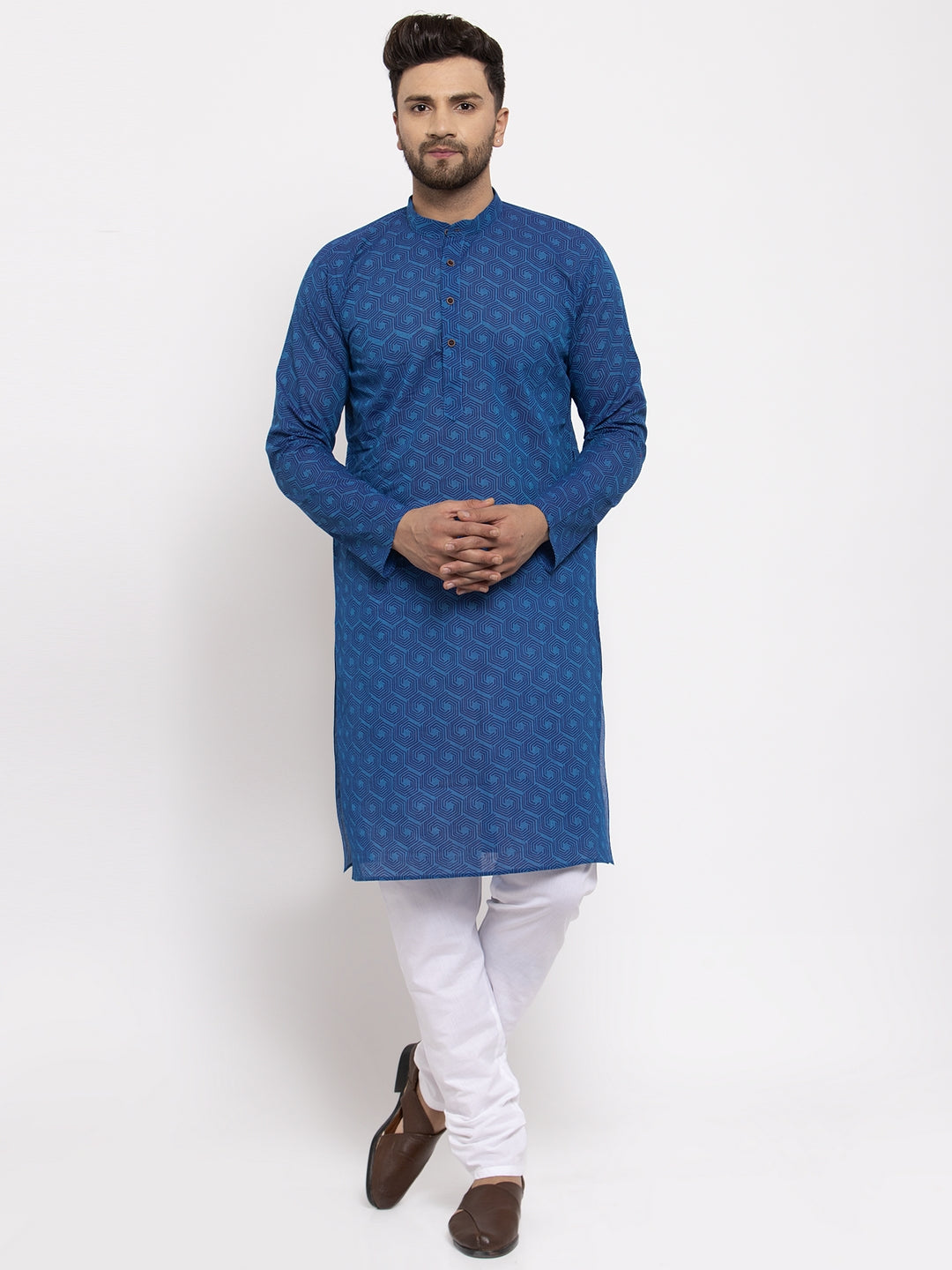 Jompers Men's Blue Cotton Printed Kurta Payjama Set | Grocsy