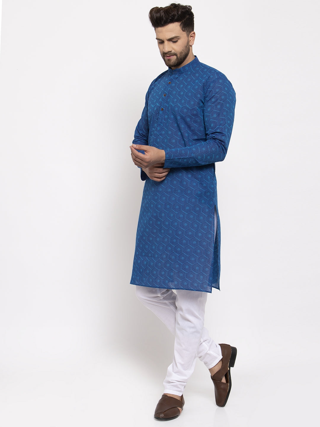 Jompers Men's Blue Cotton Printed Kurta Payjama Set | Grocsy