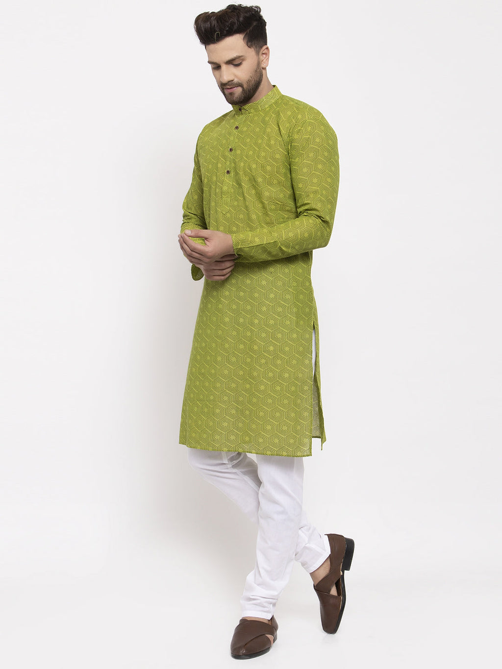 Jompers Men's Green Cotton Printed Kurta Payjama Set | Grocsy