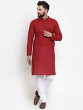 Jompers Men Red Printed Kurta with White Churidar | Grocsy