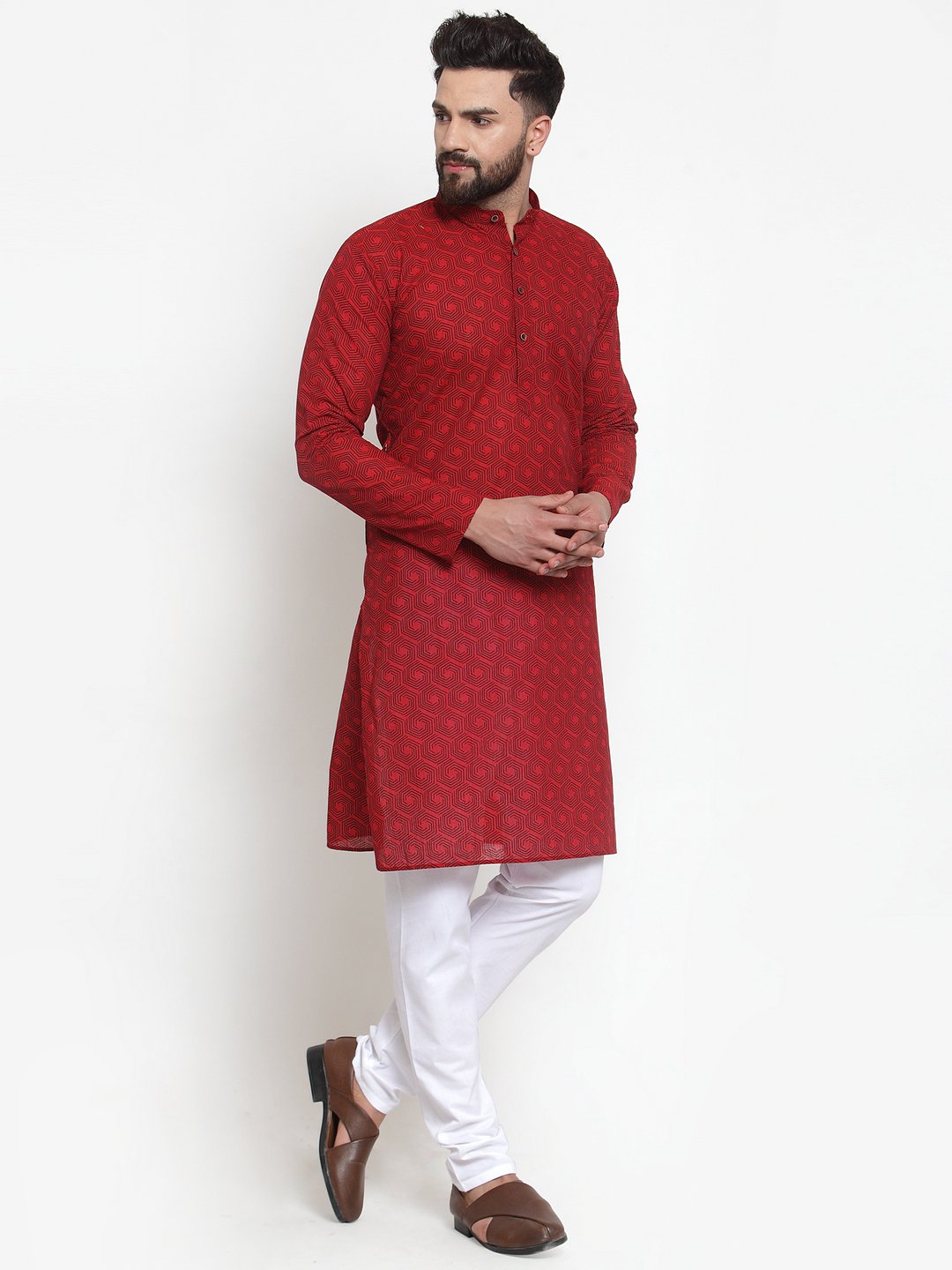 Jompers Men Red Printed Kurta with White Churidar | Grocsy