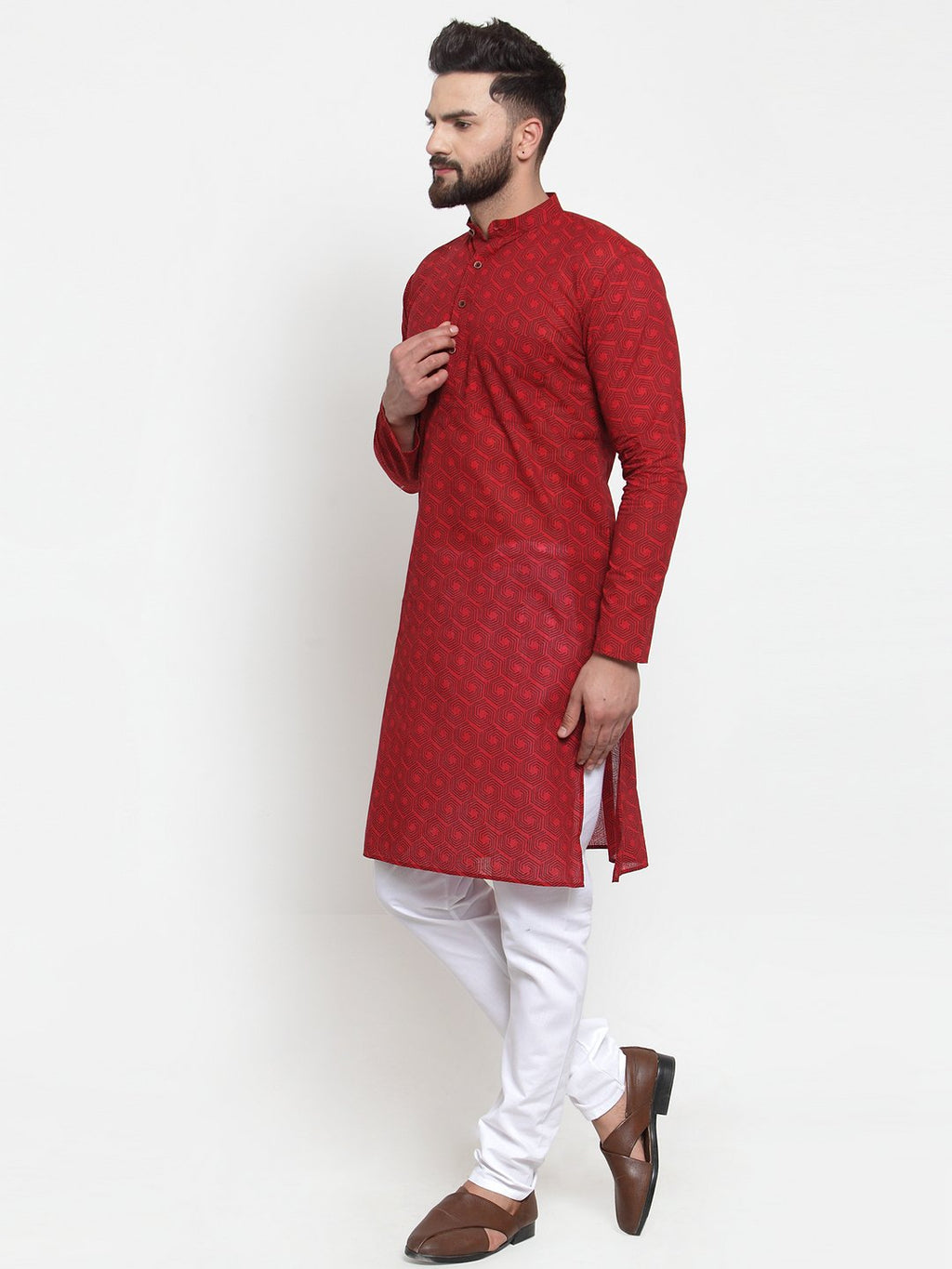 Jompers Men Red Printed Kurta with White Churidar | Grocsy