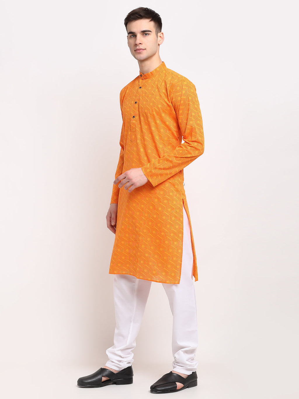 Jompers Men's Yellow Cotton Printed Kurta Payjama Set | Grocsy