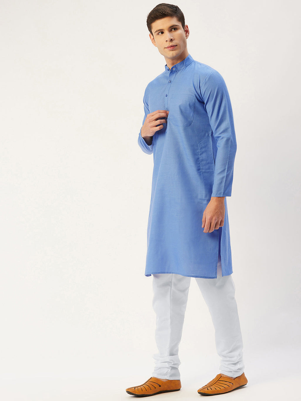 Jompers Men's Beautiful Blue Cotton Solid Kurta Pyjama | Grocsy