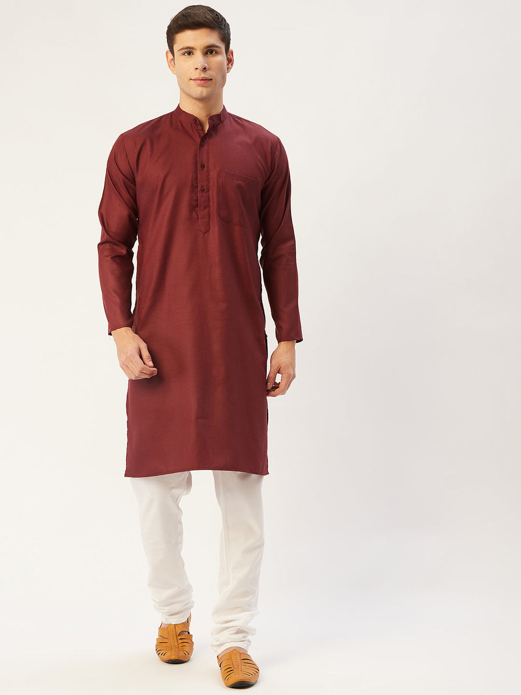 Jompers Men's Maroon Cotton Solid Kurta Pyjama | Grocsy