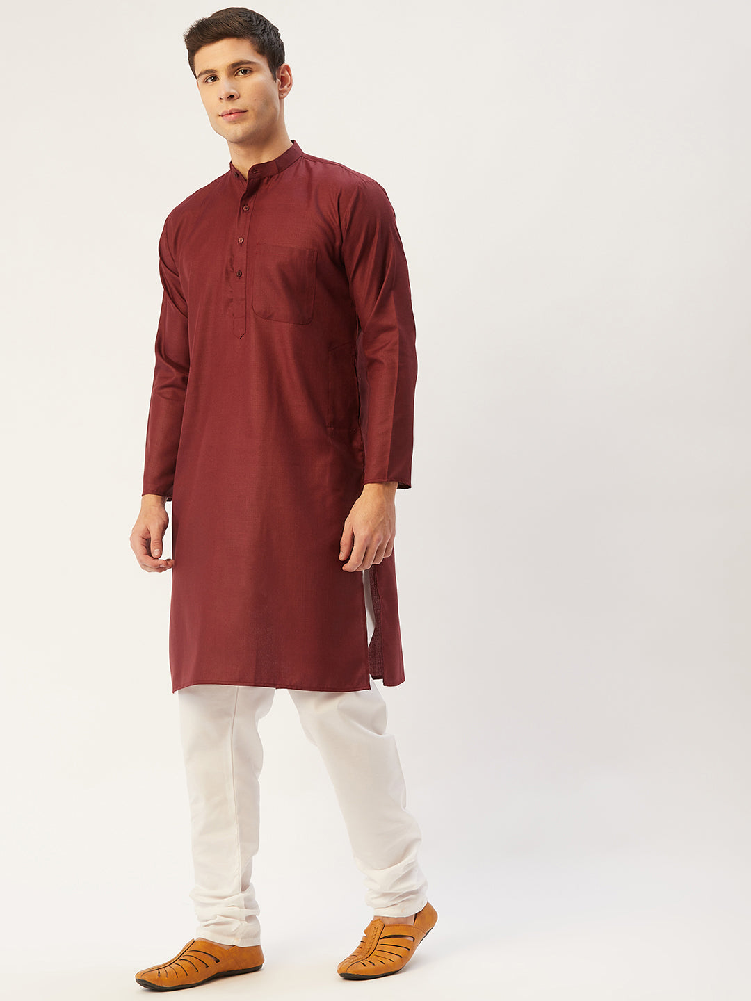 Jompers Men's Maroon Cotton Solid Kurta Pyjama | Grocsy